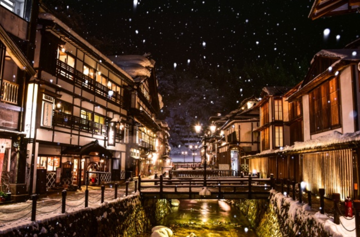 銀山温泉 藤屋 ガス灯の夜景