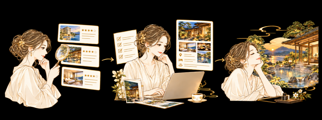 口コミを比較し、公式情報を確認して、記念日のホテルを選ぶ3段階のイラスト